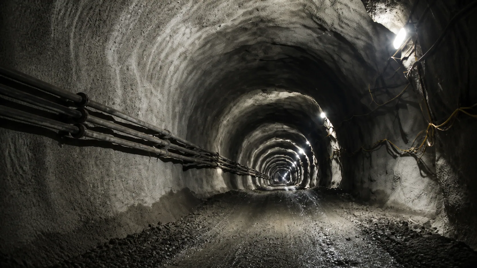 Terowongan tambang bawah tanah dengan jalur pipa dewatering